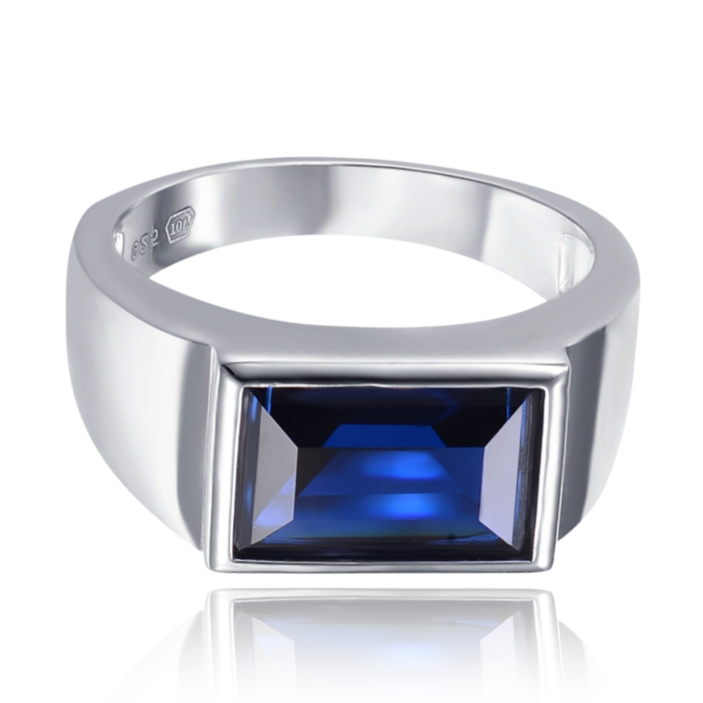 MINET Pánský pečetní stříbrný prsten s modrým zirkonem vel. 61 JMAN0519SR61