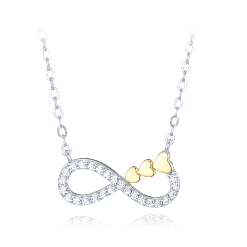 MINET Stříbrný náhrdelník nekonečno s pozlacenými srdíčky a bílými zirkony JMAN0528GN45