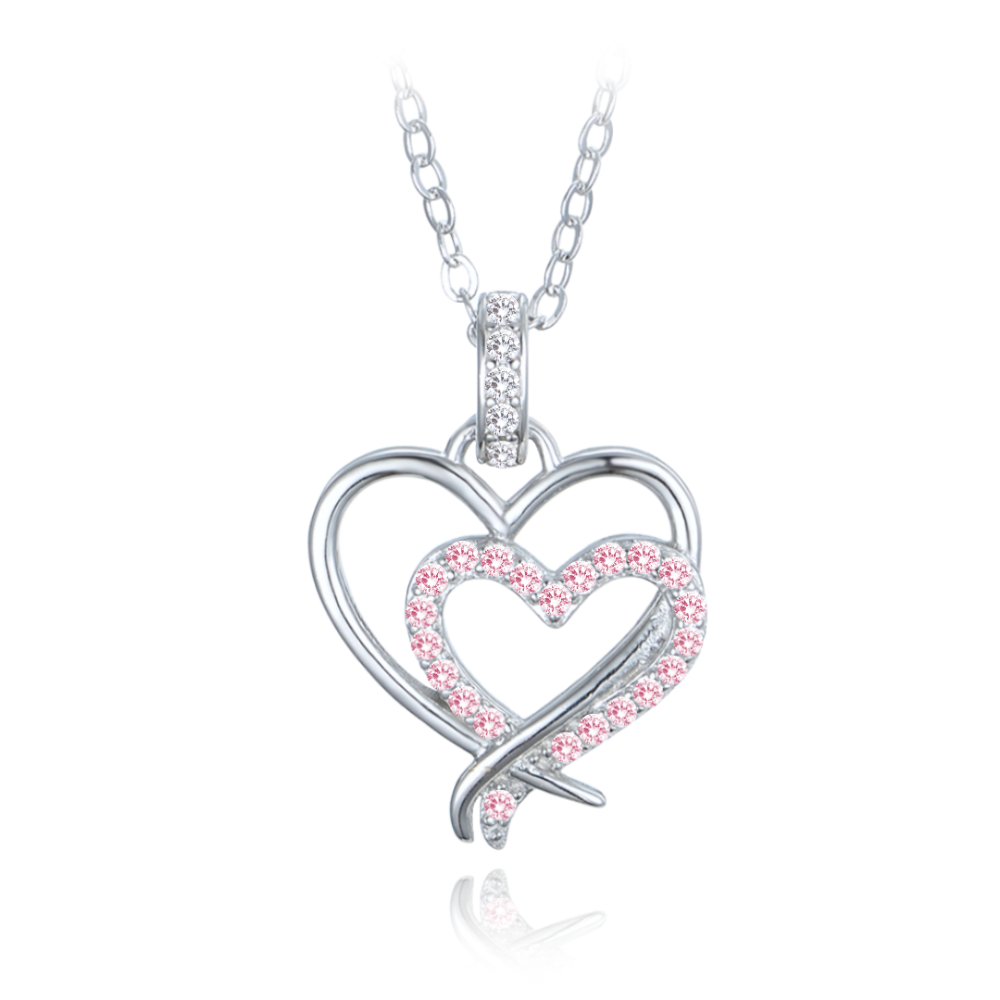 MINET Stříbrný náhrdelník dvojité srdce s bílými a růžovými zirkony JMAN0536PN45