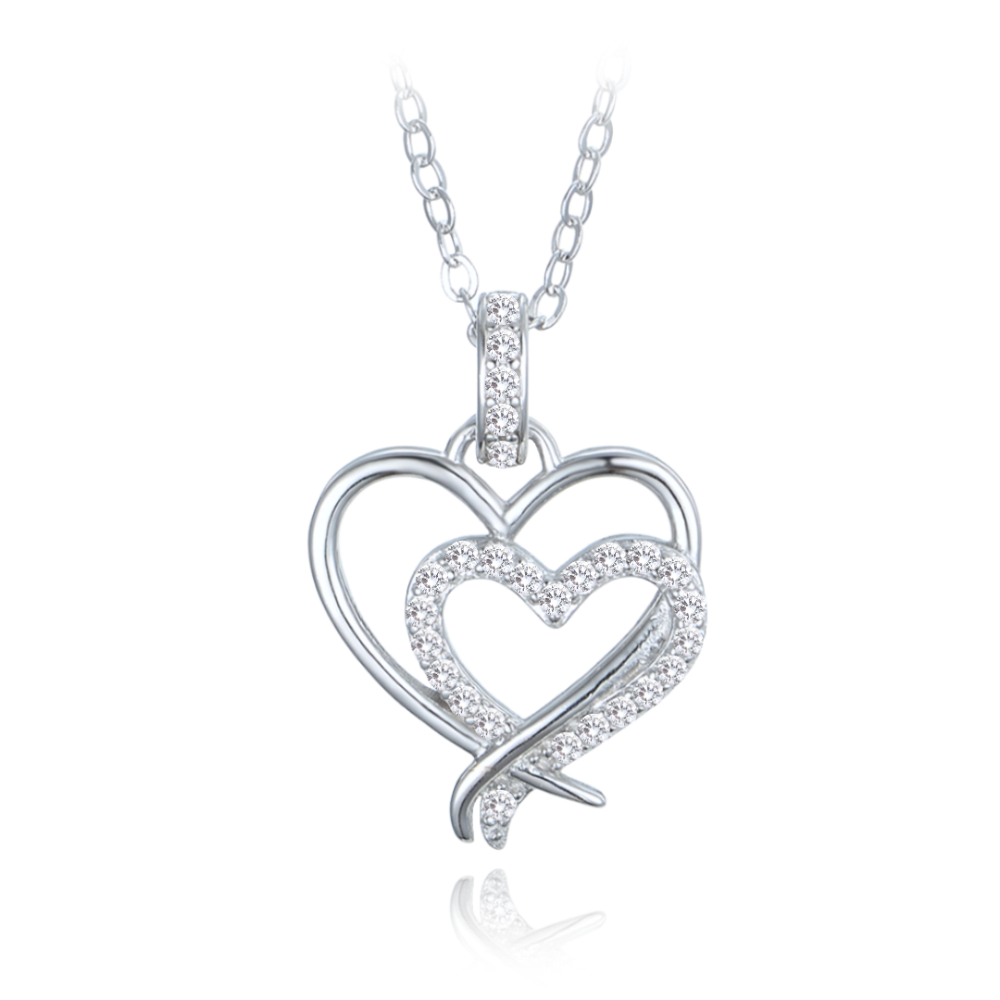 MINET Stříbrný náhrdelník dvojité srdce s bílými zirkony JMAN0536SN45