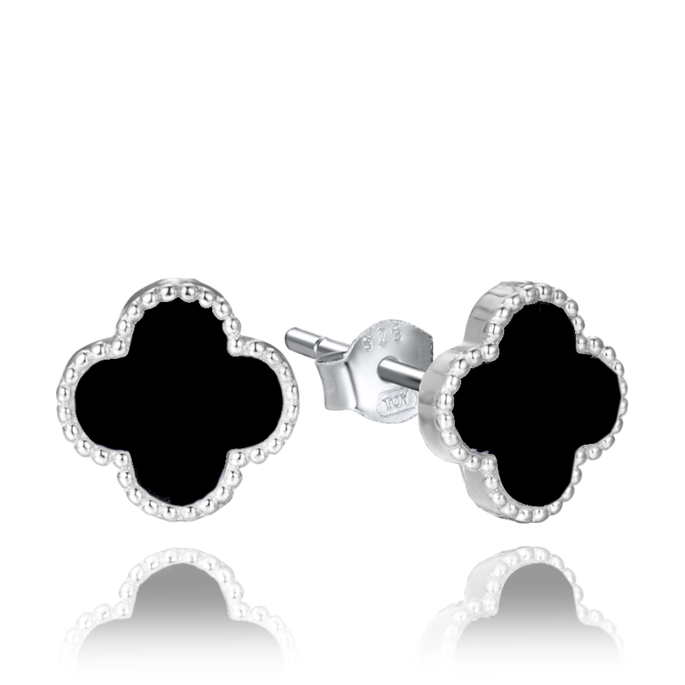MINET Stříbrné náušnice čtyřlístky s onyxem JMAS7043CE01