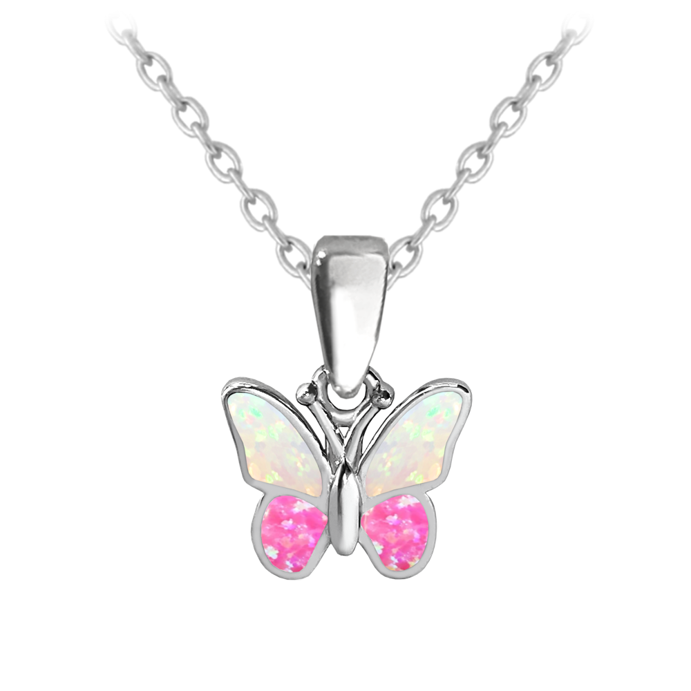 MINET Třpytivý stříbrný náhrdelník MOTÝLEK s růžovým opálem JMAD0040PN38