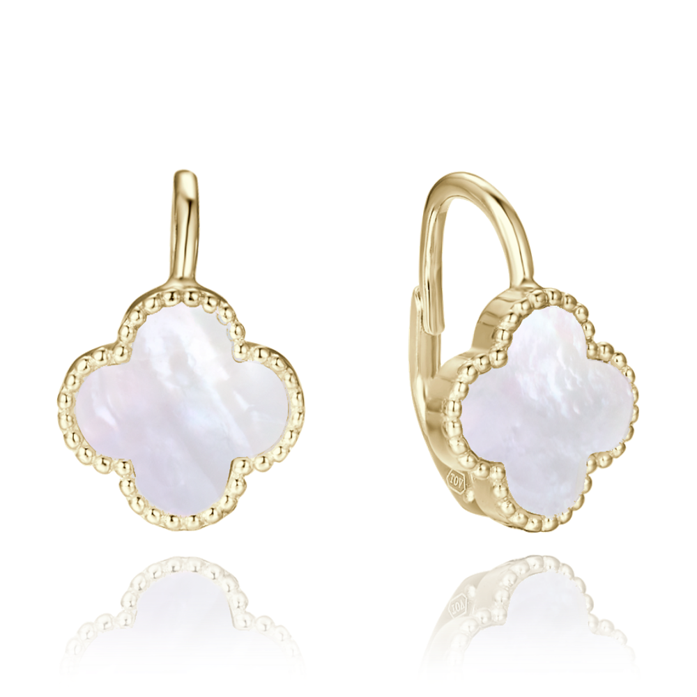 MINET Pozlacené stříbrné náušnice čtyřlístky s bílou perletí JMAS7043YE00