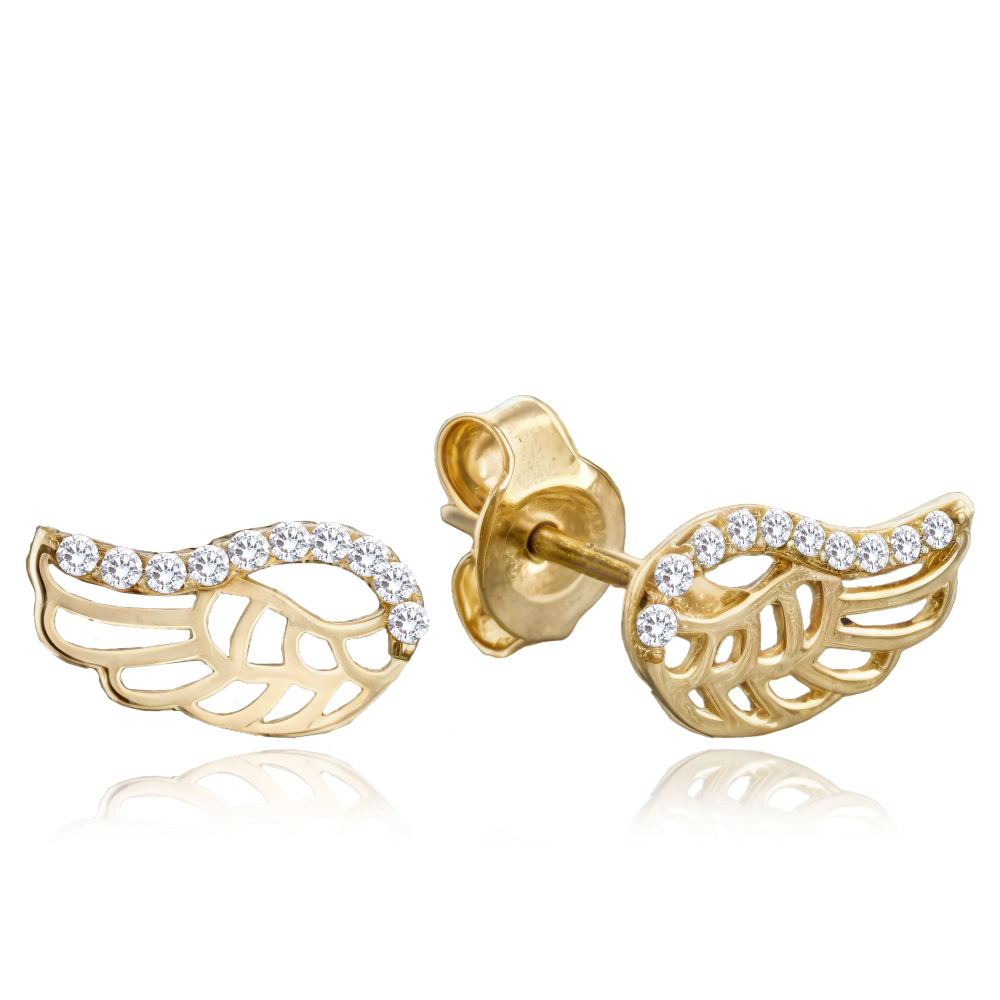 MINET Elegantní zlaté náušnice křídla s bílými zirkony Au 585/1000 1,05g
