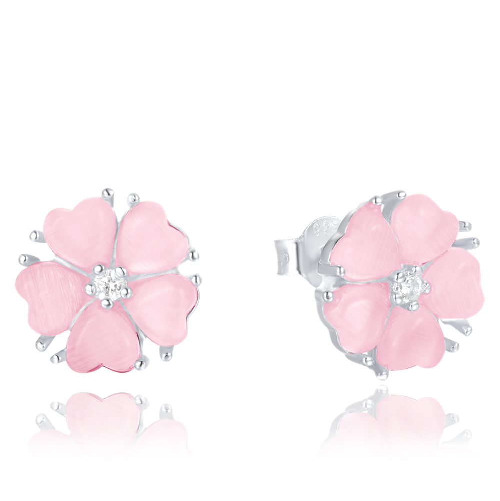 MINET Stříbrné náušnice růžové kytičky s kočičím okem a zirkonem JMAS5067PE00