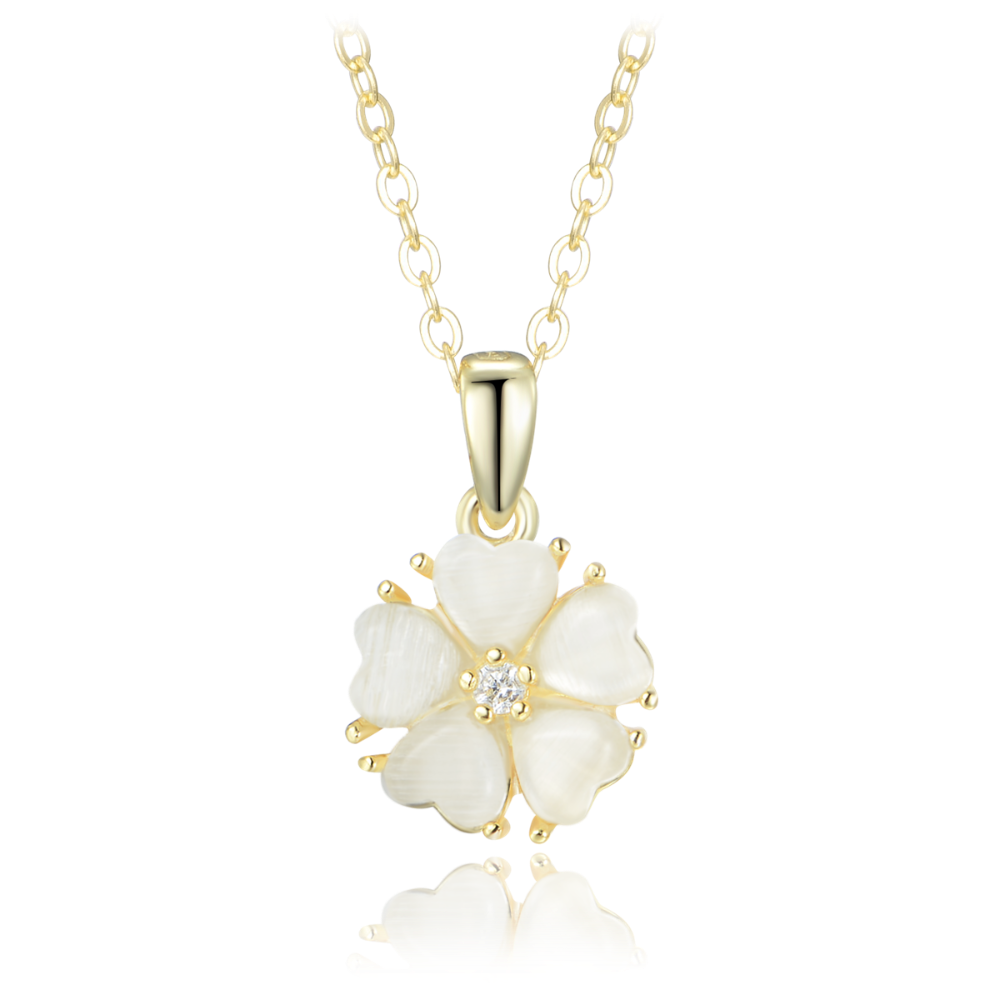 MINET Pozlacený stříbrný náhrdelník bílá kytička s kočičím okem a zirkonem JMAS5067GN45
