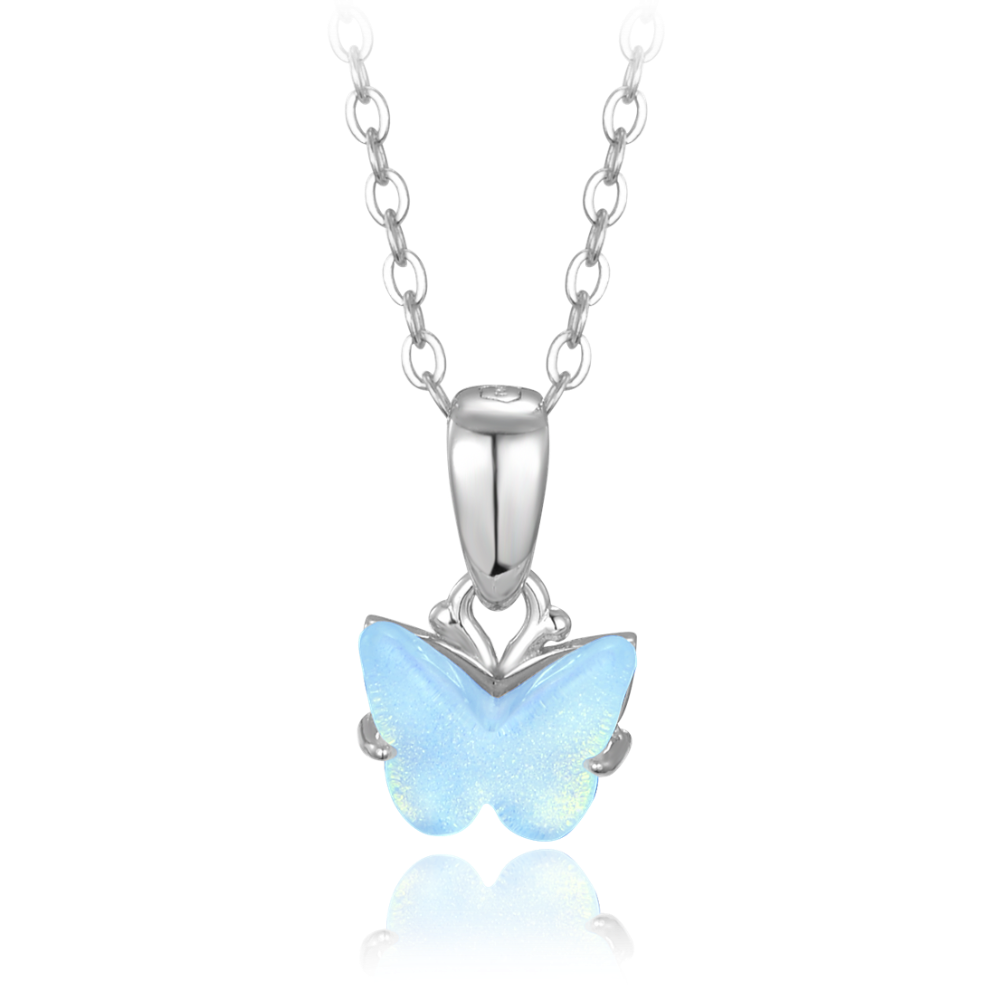 MINET Třpytivý stříbrný náhrdelník modrý motýlek