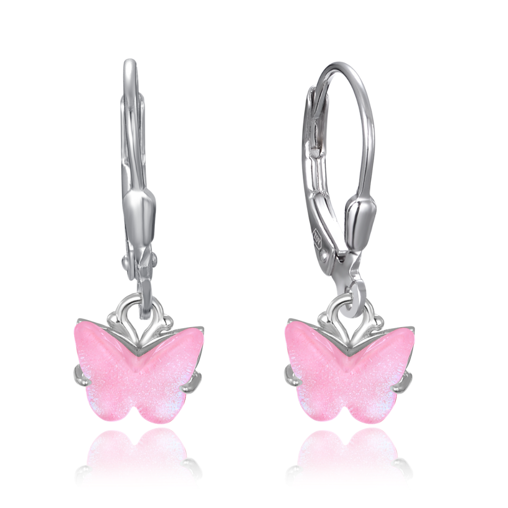 MINET Třpytivé stříbrné náušnice růžoví motýlci JMAD0050PE00