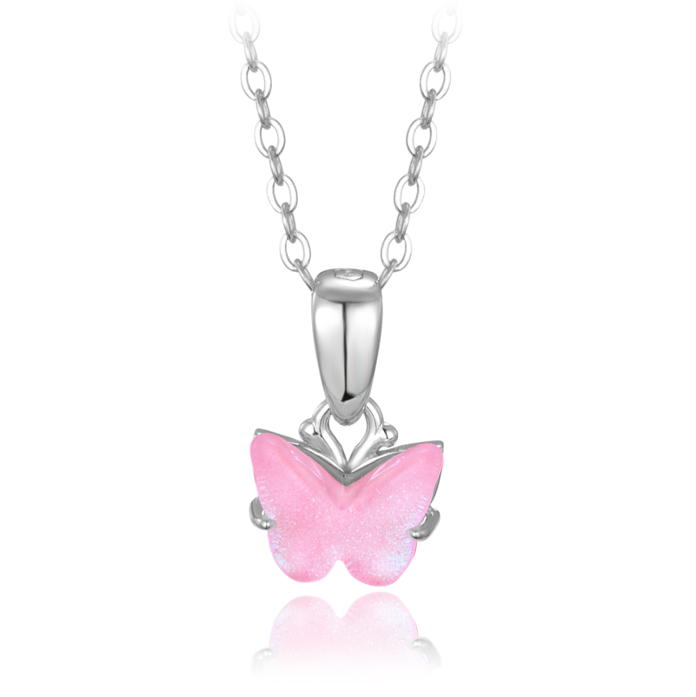 MINET Třpytivý stříbrný náhrdelník růžový motýlek JMAD0050PN38