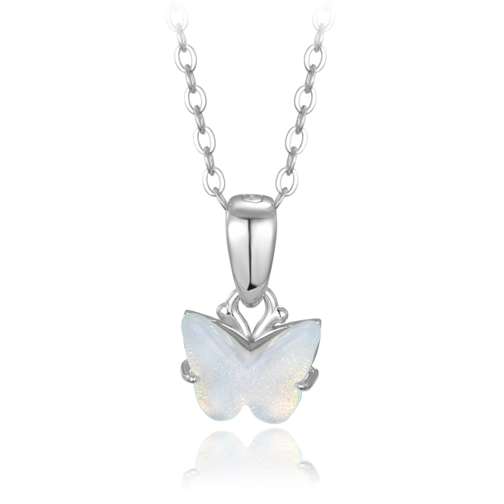 MINET Třpytivý stříbrný náhrdelník bílý motýlek JMAD0050WN38