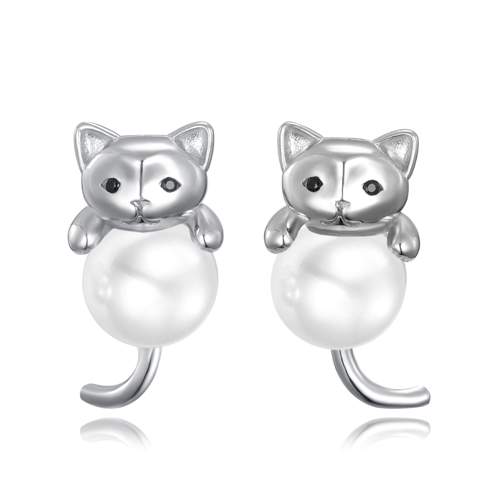 MINET Stříbrné náušnice perly s kočkami JMAN7009SE00