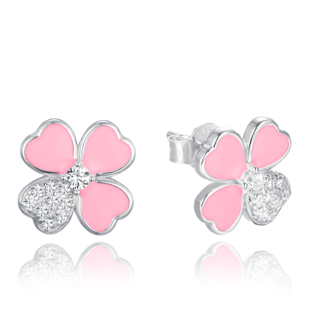 MINET Stříbrné náušnice růžové kytičky s bílými zirkony