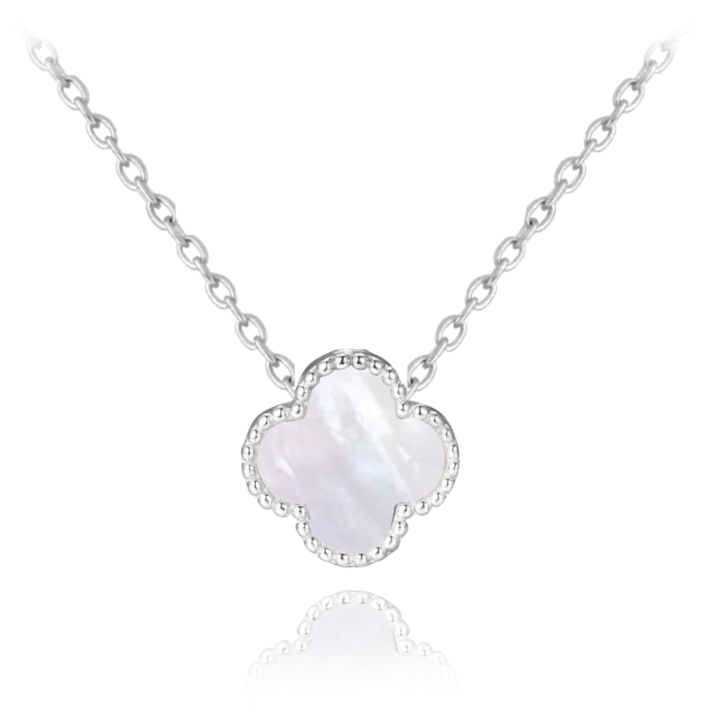 MINET Stříbrný náhrdelník čtyřlístek s bílou perletí JMAS7043WN42