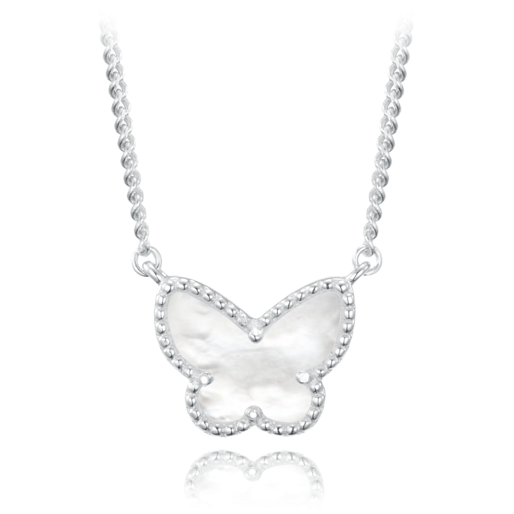 MINET Stříbrný náhrdelník motýlek s bílou perletí JMAS0244SN45