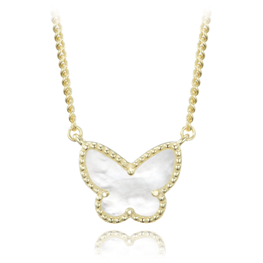 MINET Pozlacený stříbrný náhrdelník motýlek s bílou perletí JMAS0244GN45