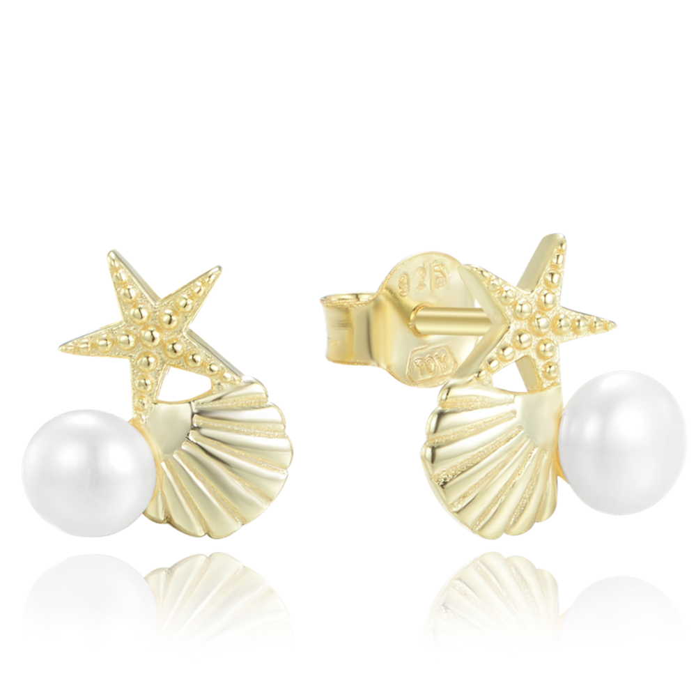 MINET Pozlacené stříbrné náušnice mušle, hvězdice a perla JMAS8057GE00