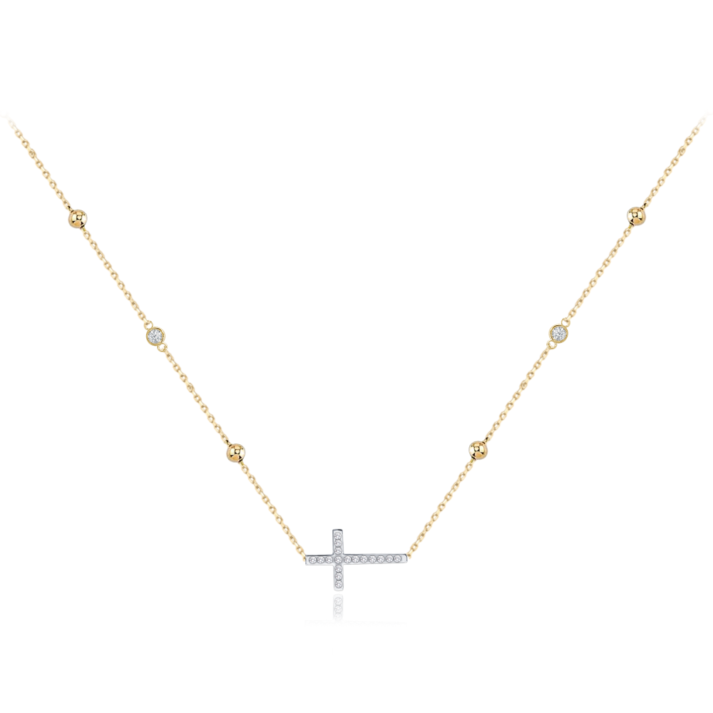 MINET Zlatý náhrdelník křížek s bílými zirkony a kuličkami Au 585/1000 3,90g JMG0085WGN45