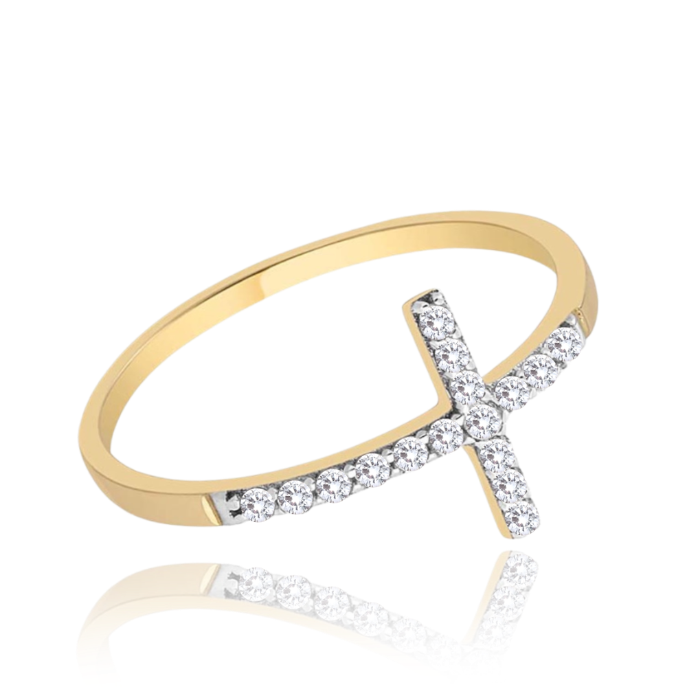 MINET Zlatý prsten křížek s bílými zirkony Au 585/1000 vel. 52 - 1,00g JMG0085WGR52