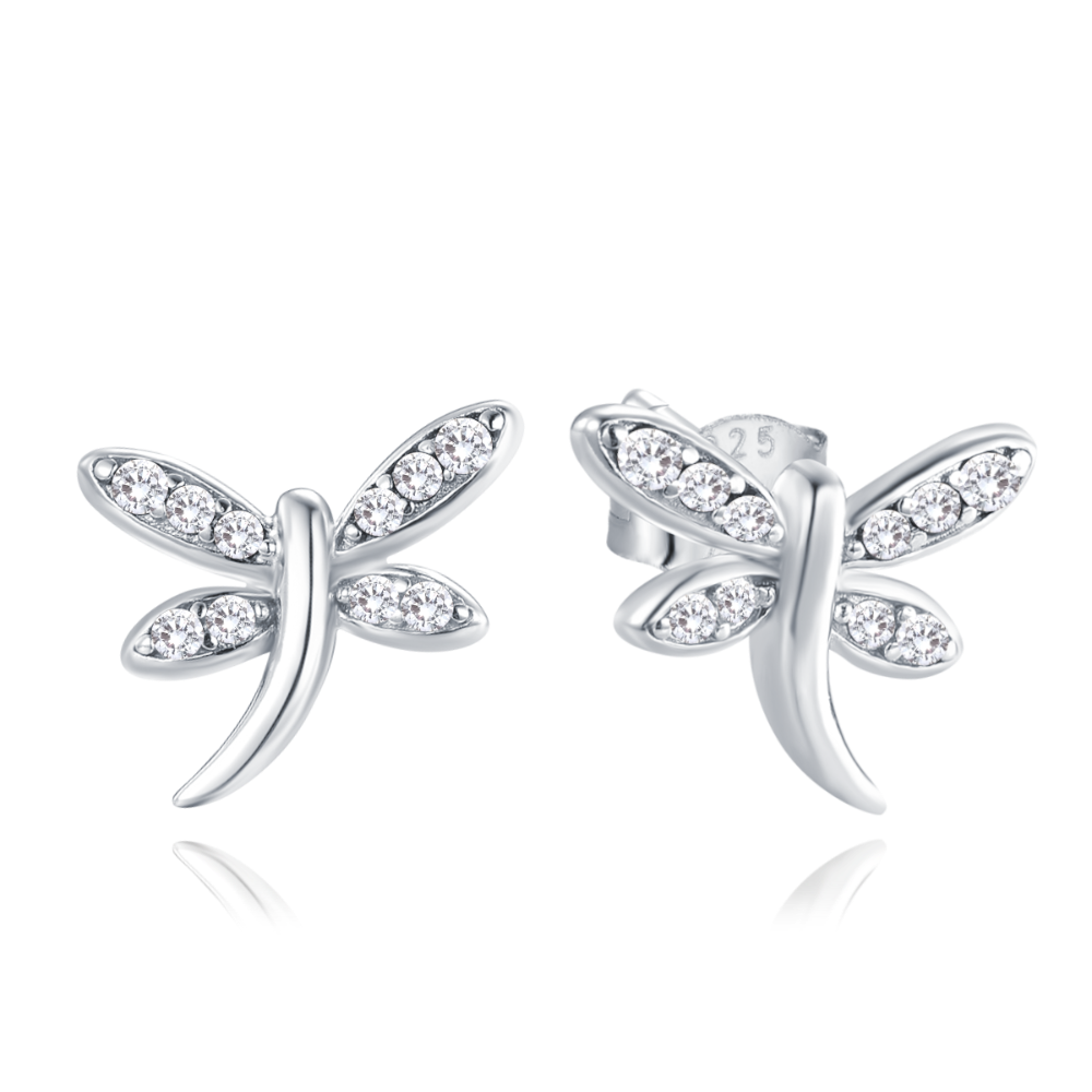 MINET Stříbrné náušnice vážky s bílými zirkony JMAN0584SE00