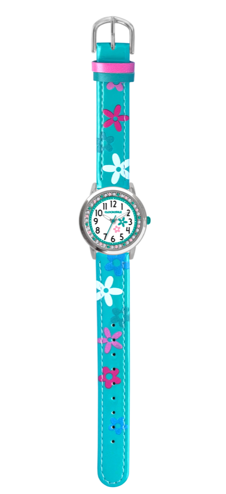 CLOCKODILE Tyrkysové dívčí dětské hodinky s kamínky a kytičkami