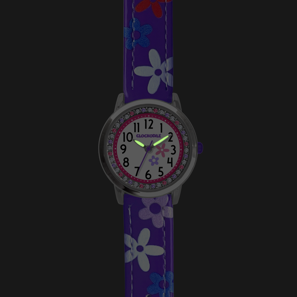 CLOCKODILE Fialové dívčí dětské hodinky s kamínky a kytičkami CWG5201