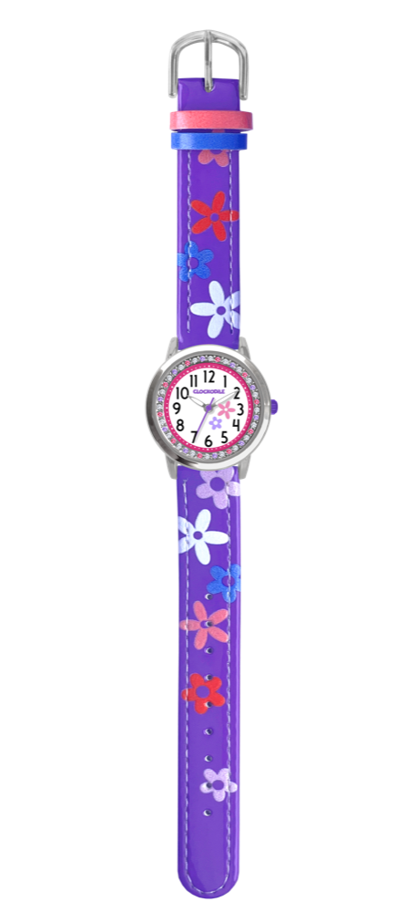 CLOCKODILE Fialové dívčí dětské hodinky s kamínky a kytičkami CWG5201