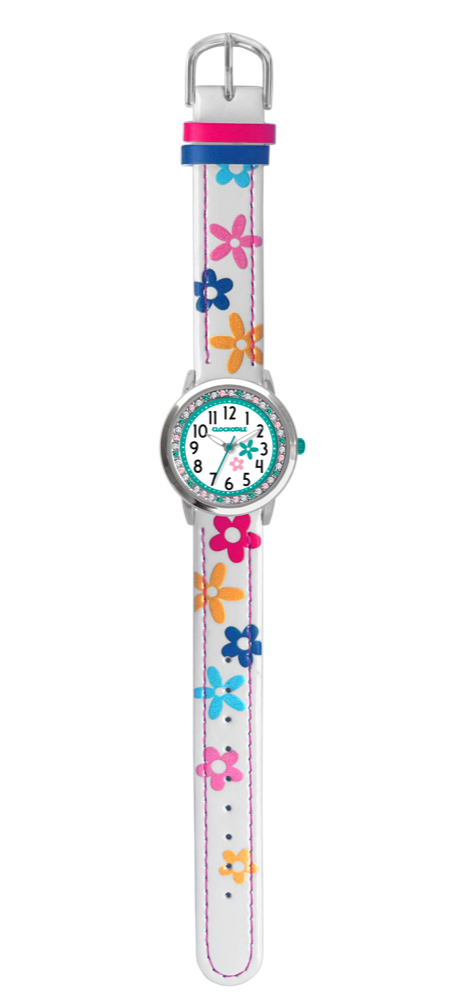 CLOCKODILE Bílé dívčí dětské hodinky s kamínky a kytičkami CWG5202