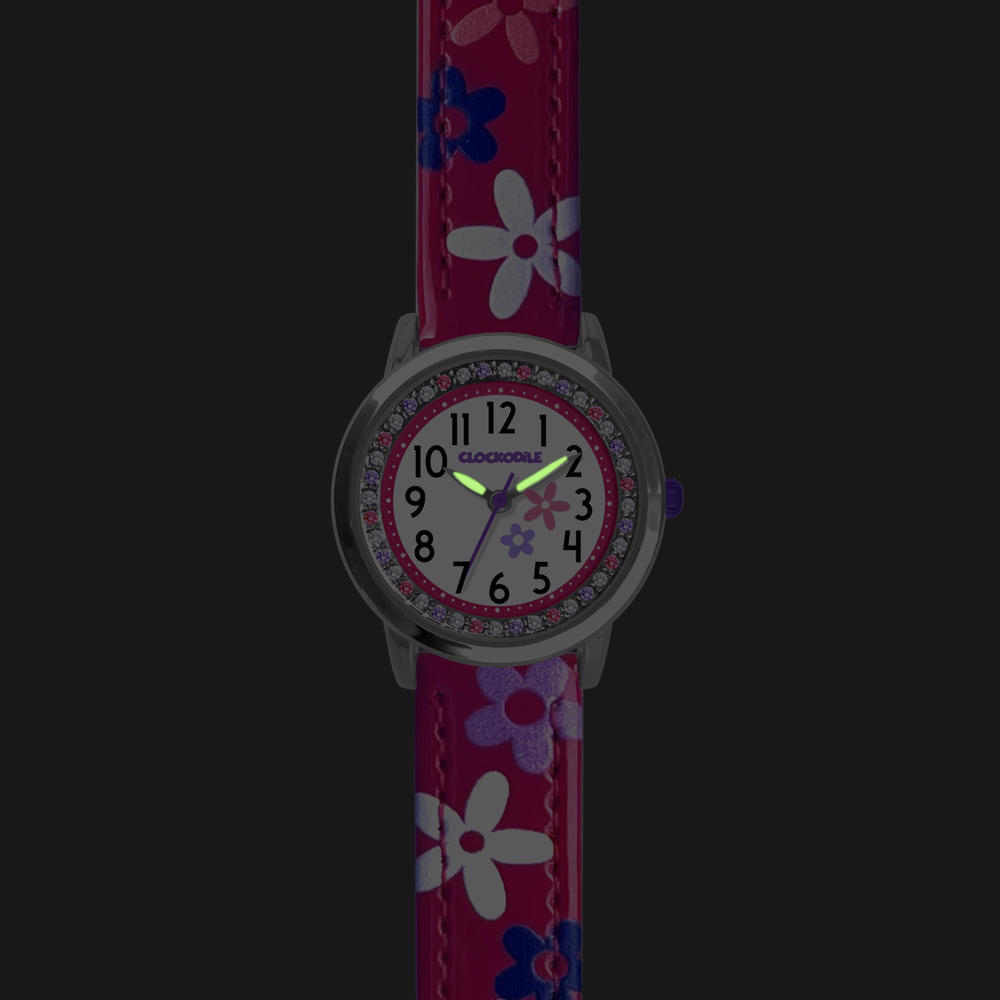 CLOCKODILE Růžové dívčí dětské hodinky s kamínky a kytičkami CWG5203