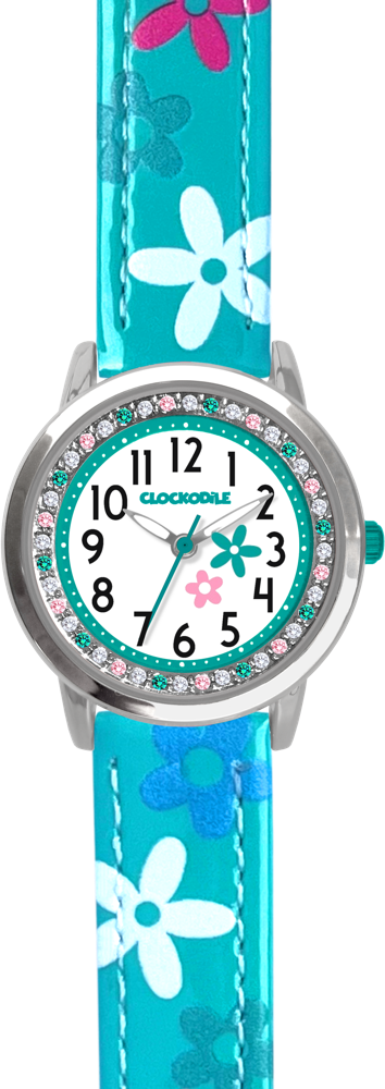 CLOCKODILE Tyrkysové dívčí dětské hodinky s kamínky a kytičkami  CWG5200