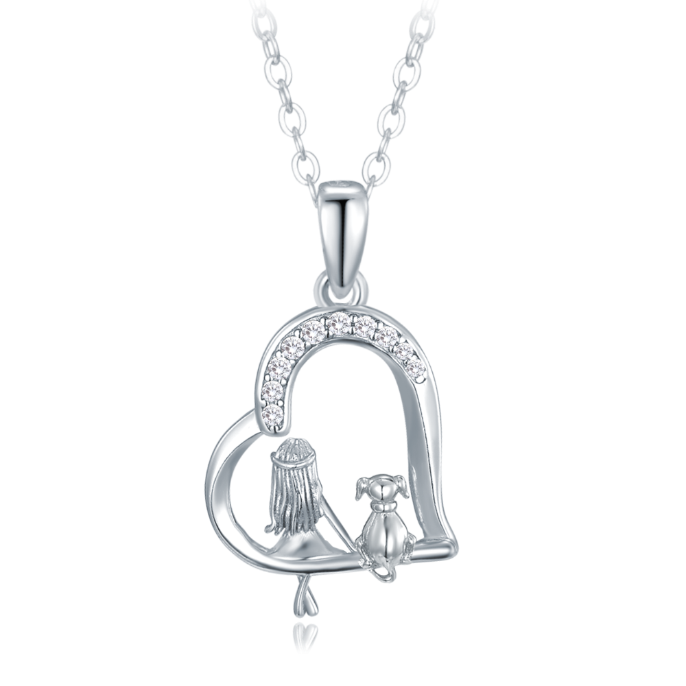 MINET Stříbrný náhrdelník dívka se psem a bílými zirkony