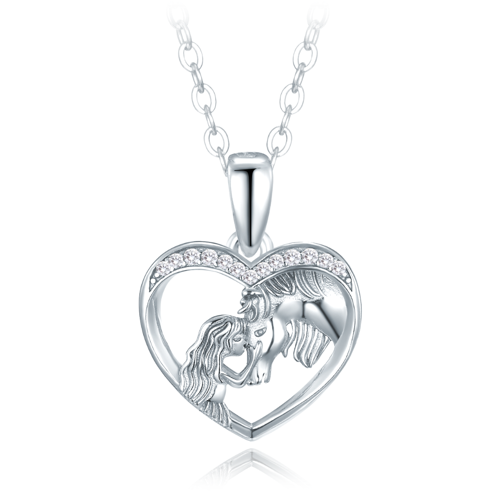 MINET Stříbrný náhrdelník dívka s koněm a bílými zirkony JMAN0590SN45