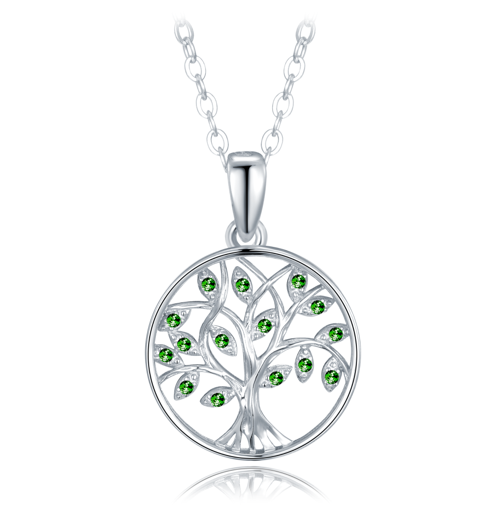 MINET Stříbrný náhrdelník strom života s zelenými zirkony