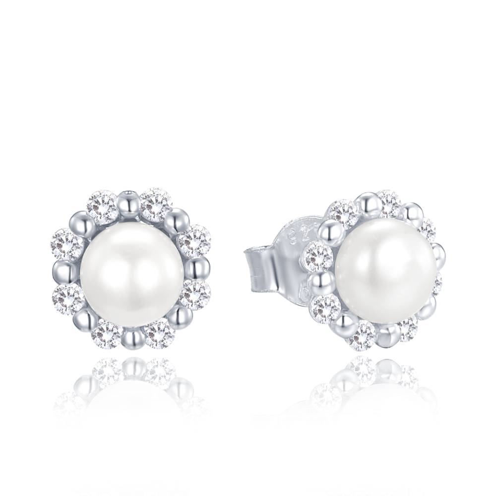 MINET Stříbrné náušnice s přírodními perlami a zirkony JMAS7054SE00