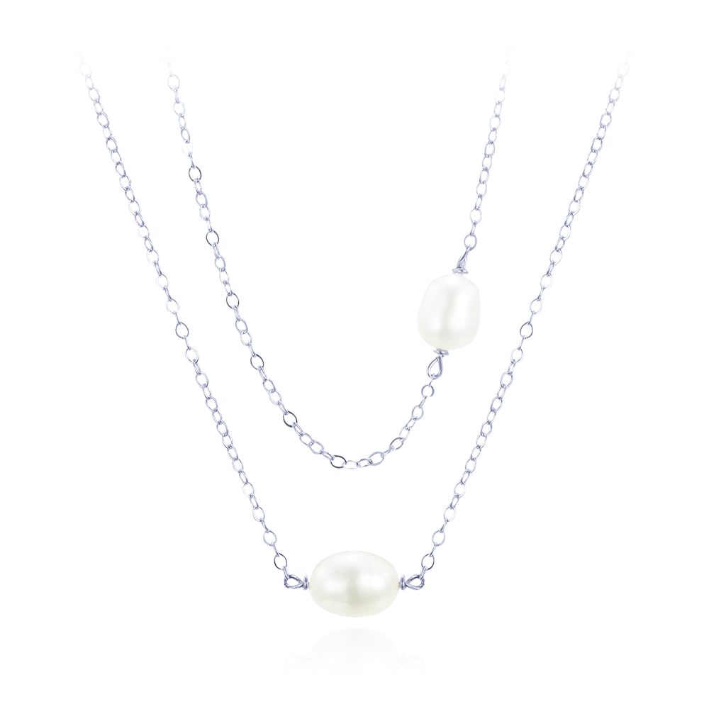 MINET Dvojitý stříbrný náhrdelník s přírodní perlou JMAS7055SN45