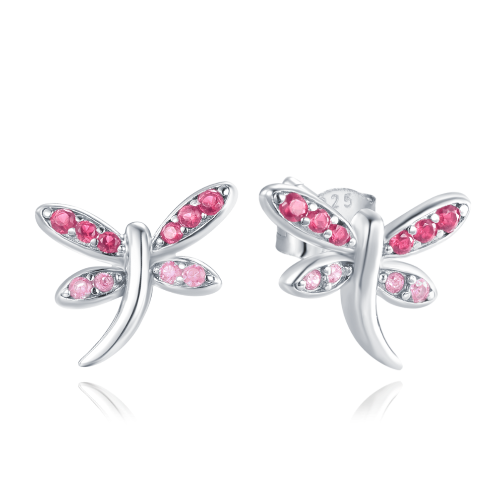 MINET Stříbrné náušnice vážky se světle a tmavě růžovými zirkony JMAN0584PE00