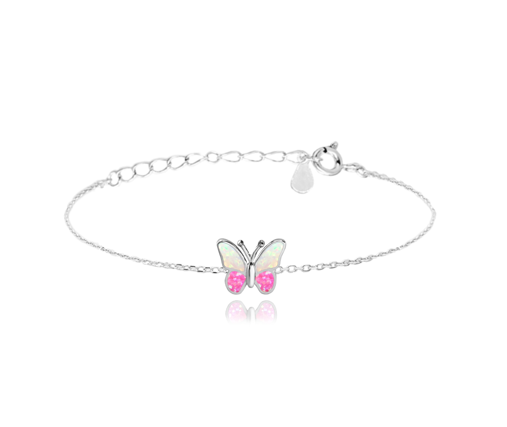 MINET Třpytivý stříbrný náramek MOTÝLEK s růžovým opálem JMAD0040PB14