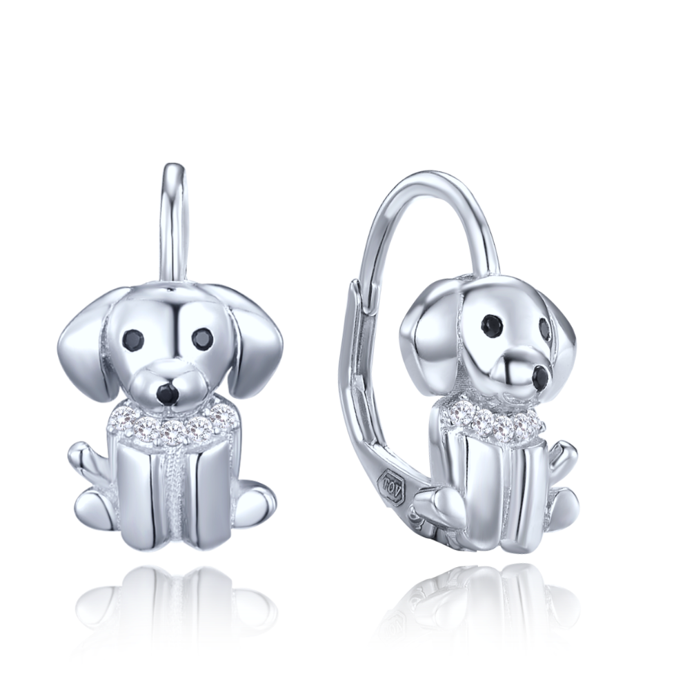 MINET Dětské stříbrné náušnice pejsci s černými a bílými zirkony JMAD0057SE00
