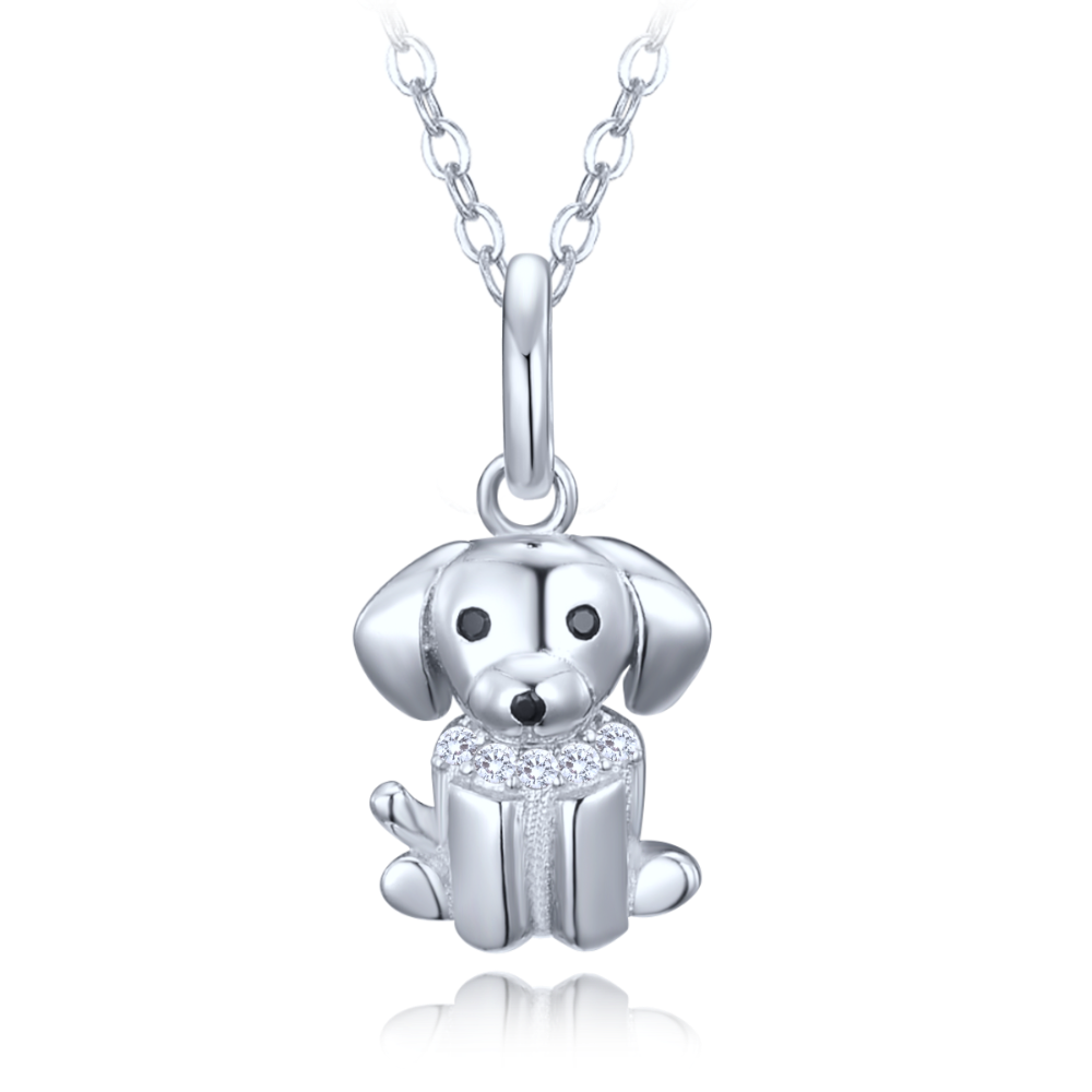 MINET Dětský stříbrný náhrdelník pejsek s bílými a černými zirkony JMAD0057SN38