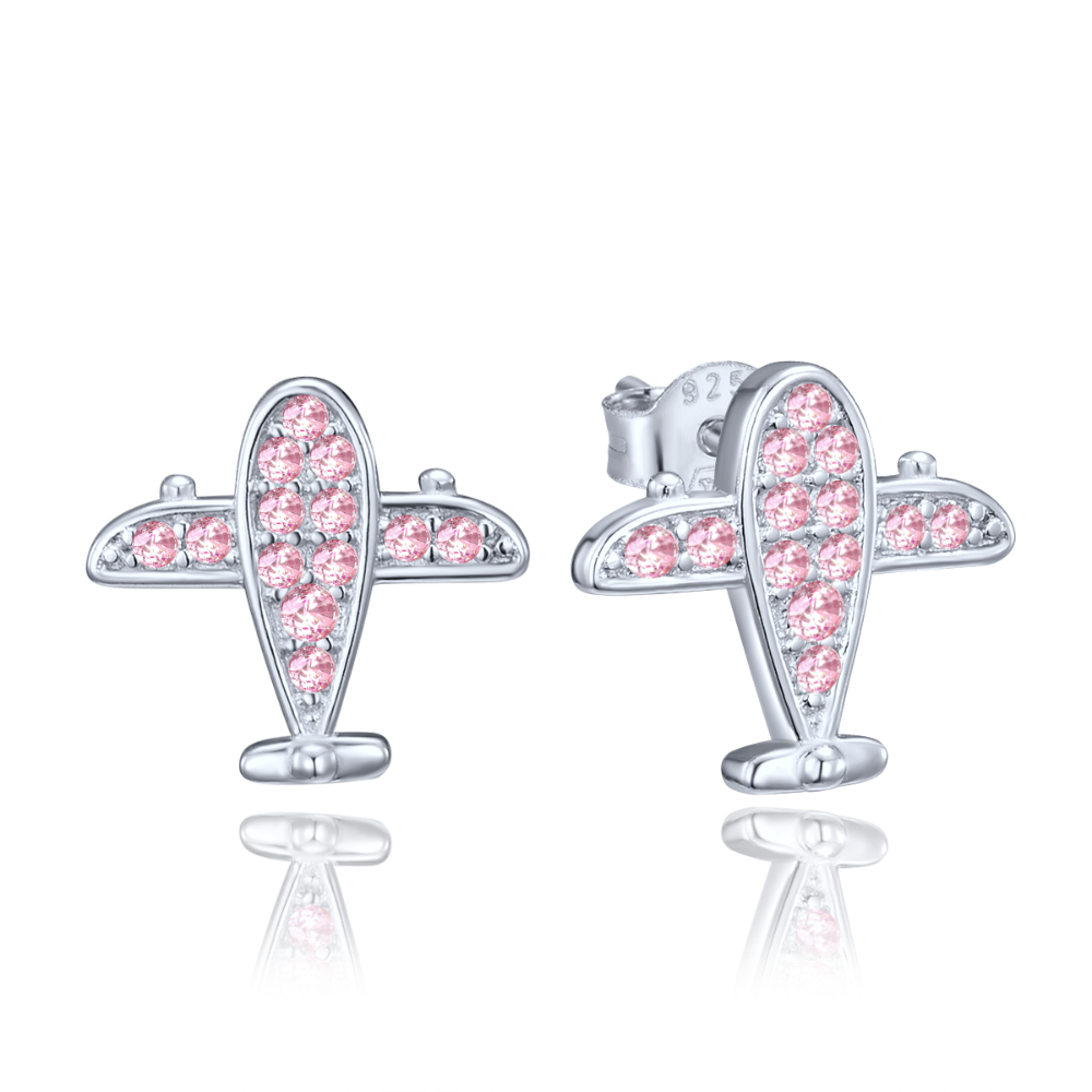 MINET Stříbrné náušnice letadla s růžovými zirkony JMAN0345PE00