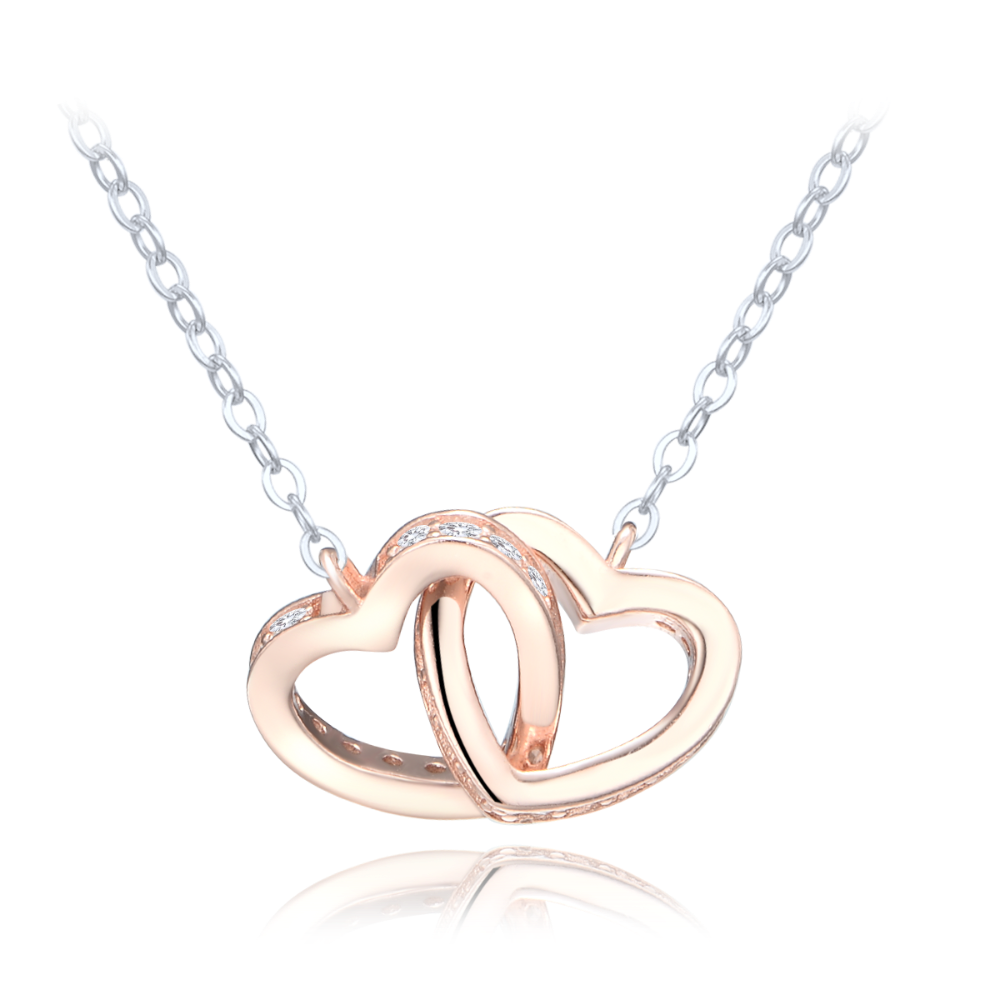 MINET Stříbrný náhrdelník v kombinaci s Rosegold se spojenými srdíčky a bílými zirkony