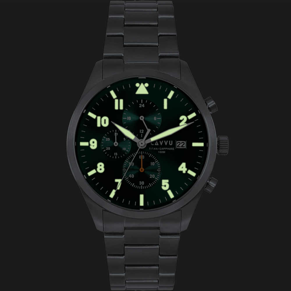 LAVVU Pánské titanové hodinky PILOT Chronograph Emerald Green 100M Sapphire LWM0291