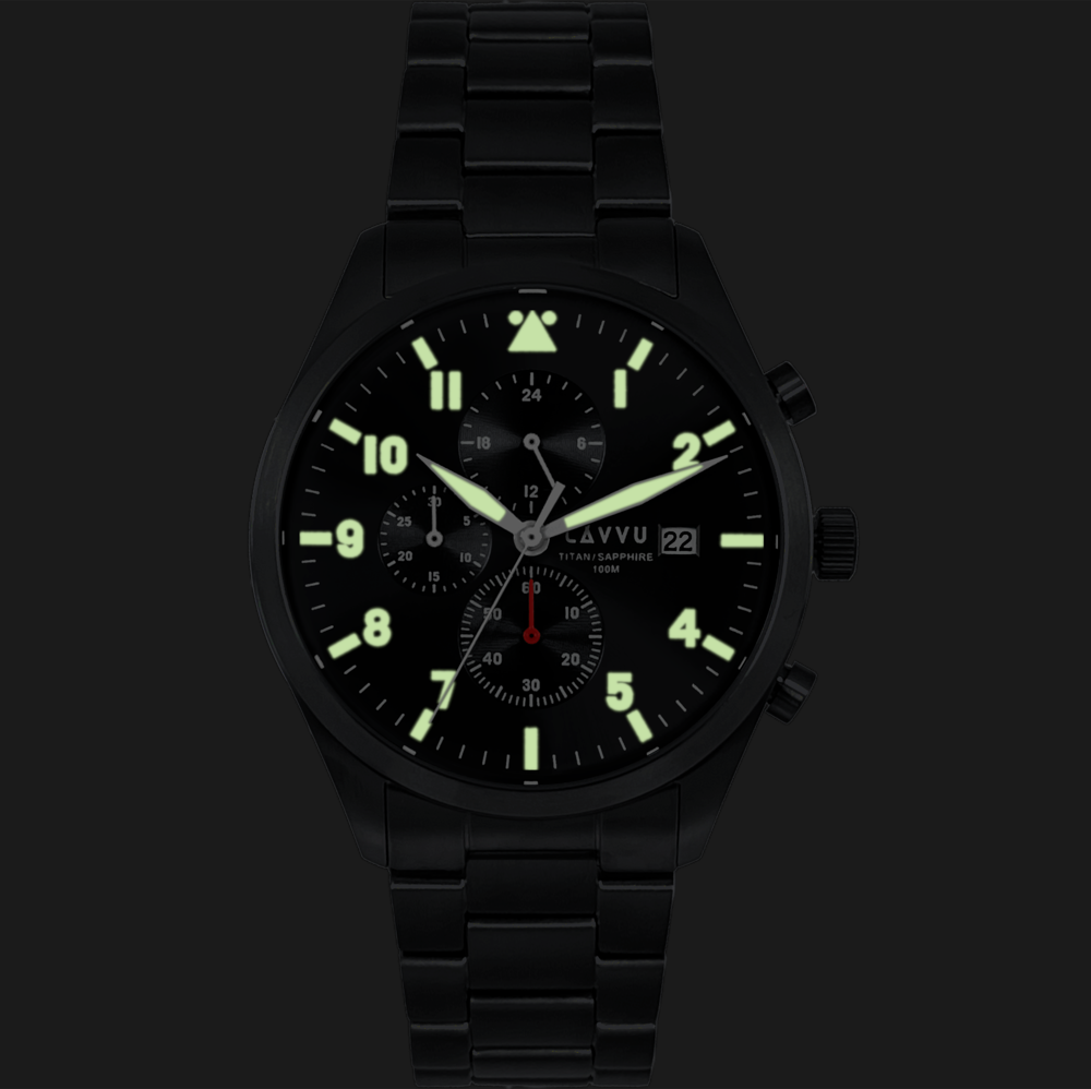 LAVVU Pánské titanové hodinky PILOT Chronograph Black 100M Sapphire LWM0292