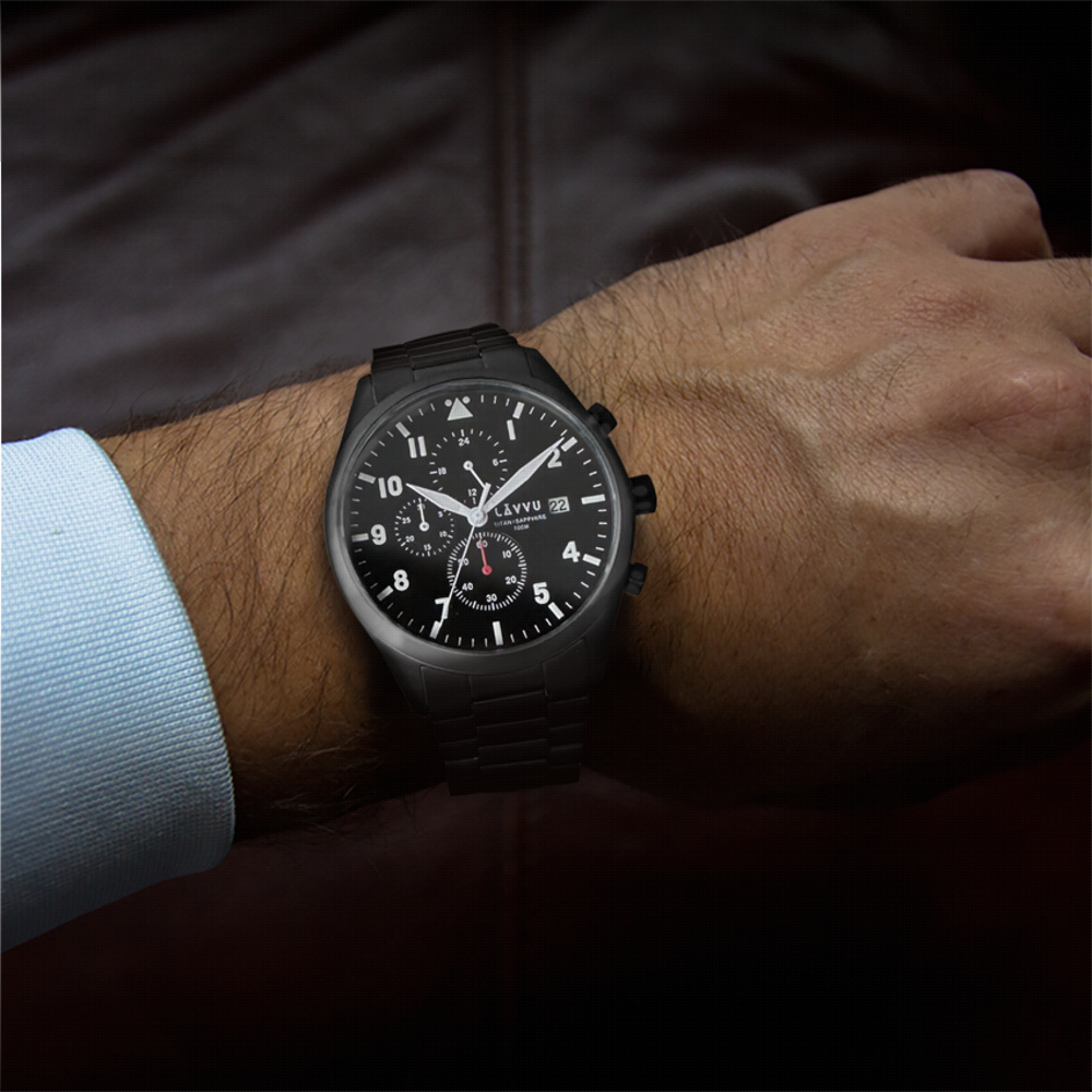 LAVVU Pánské titanové hodinky PILOT Chronograph Black 100M Sapphire