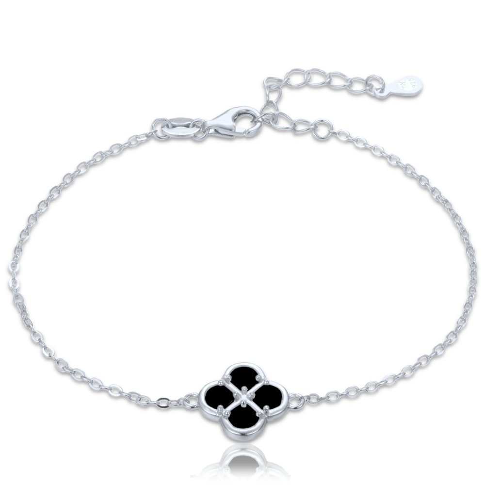 MINET Stříbrný náramek čtyřlístek s černou perletí