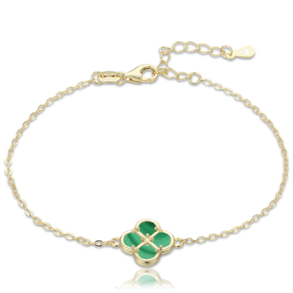 MINET Pozlacený stříbrný náramek čtyřlístek s malachitem