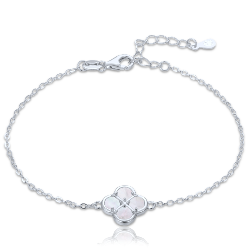 MINET Stříbrný náramek čtyřlístek s bílou perletí