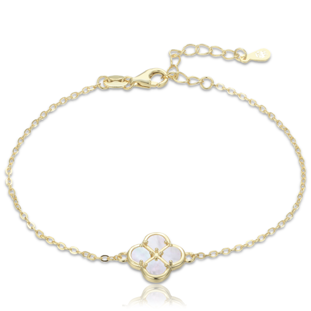 MINET Pozlacený stříbrný náramek čtyřlístek s bílou perletí