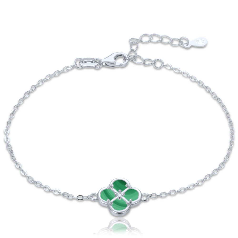 MINET Stříbrný náramek čtyřlístek s malachitem