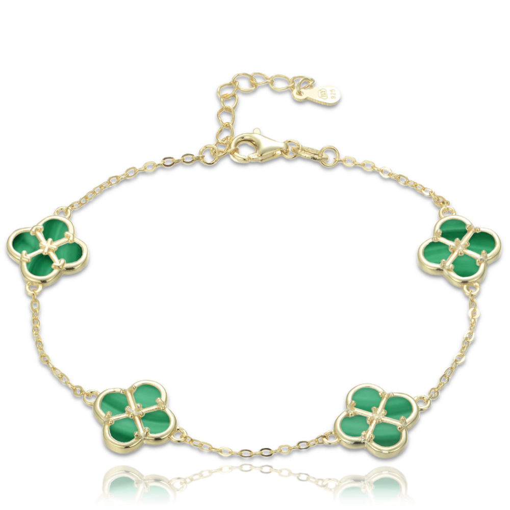 MINET Pozlacený stříbrný náramek čtyřlístky s malachitem JMAS7058GB20
