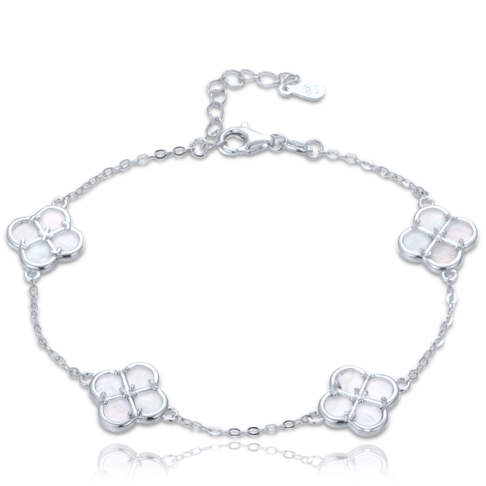 MINET Stříbrný náramek čtyřlístky s bílou perletí